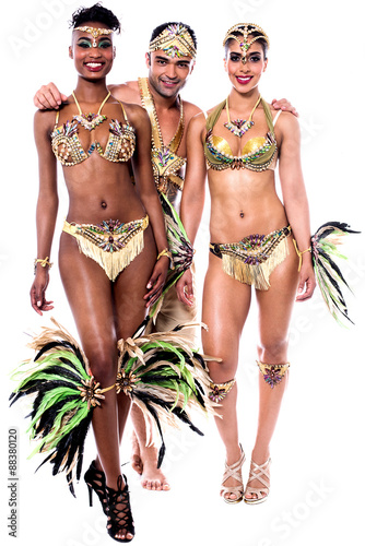 Samba dancers posing together.