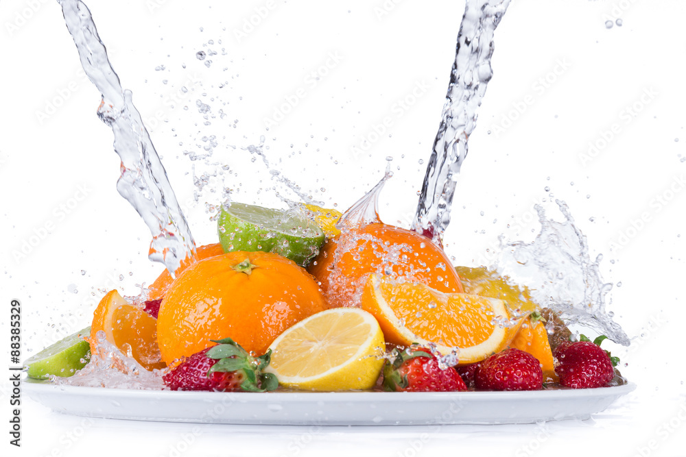 Fruits with water splashes