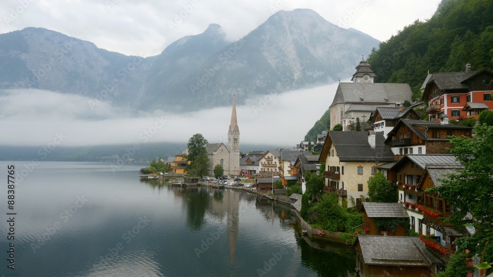 Misty morning in Hallstatt - beauty of Alps. Austria Misty morning in Hallstatt - beauty of Alps. Austria