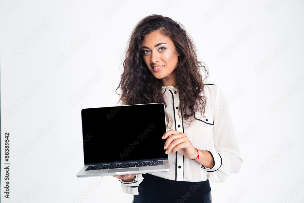 Businesswoman showing blank laptop computer screen Businesswoman showing blank laptop computer screen