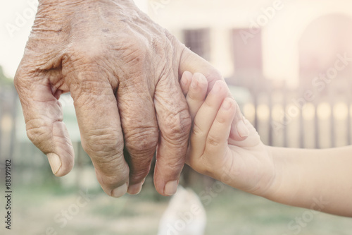 Young hand holding grandparent photo