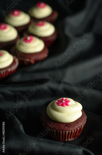 Red Velvet Cupcakes.
Sweet Red Velvet Cupcakes with floral design on top of cream. Isolated on a black background