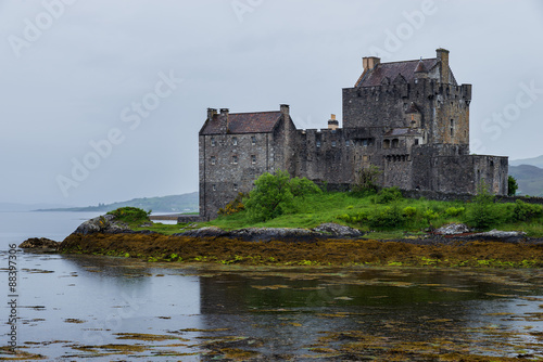 Eilean Donan Castle in Scotland, rainy day