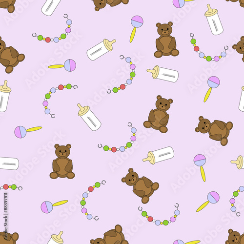 seamless pattern with children's items, vector illustration with baby items on a pink background