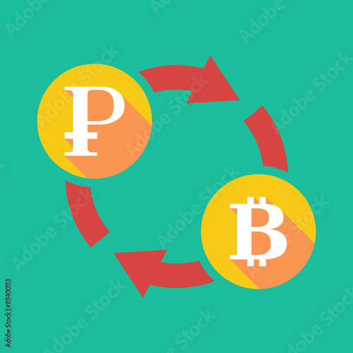 Exchange sign with a ruble sign and a bit coin sign