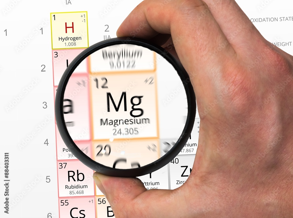 Magnesium symbol - Mg. Element of the periodic table zoomed with - obrazy, fototapety, plakaty 