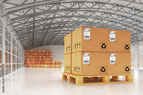 Distribution warehouse, package shipment, freight transportation and delivery concept, cardboard boxes on pallet in the retail store building