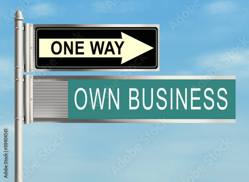 Own business. Road sign on the sky background. Raster illustration. photo