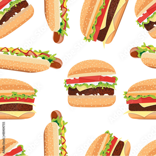 Fast Food seamless pattern hamburger and Hot Dog