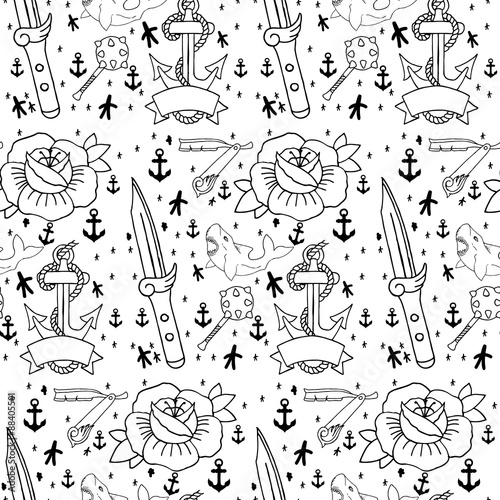 Tattoo seamless pattern with different hand drawn elements