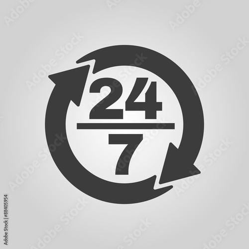 The 24/7 icon. Open and assistance, support symbol. Flat
