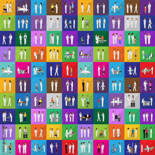 Medical Staff And Patients Different Situations - Isolated On Mosaic Background