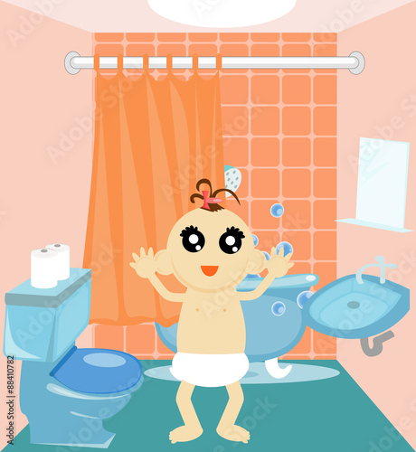 Illustration of a baby standing in a bathroom.