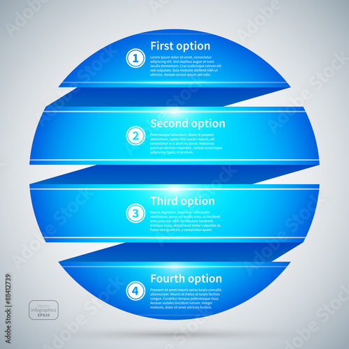 Glossy sphere made of blue ribbon with numbers and descriptions.