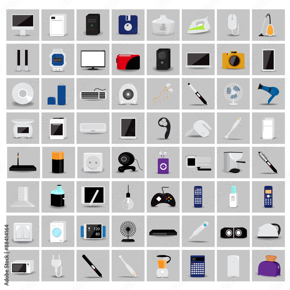 Various Objects And Appliances Icons Set - Isolated On Gray Background 