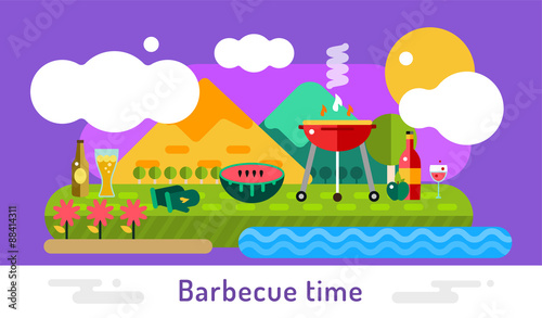 Barbecue and food icons vector set outdoor landscape. Outdoor
