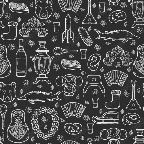 Seamless background with cute hand drawn objects on Russia theme
