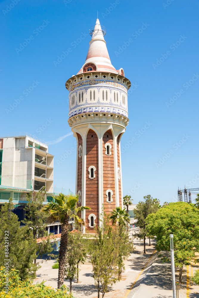 The restored water tower Torre d'aigües de la Catalana de Gas from 1905 in the Barcelona district Barceloneta, designed by Josep Domenech i Estapa. The tower has beautiful moorish elements