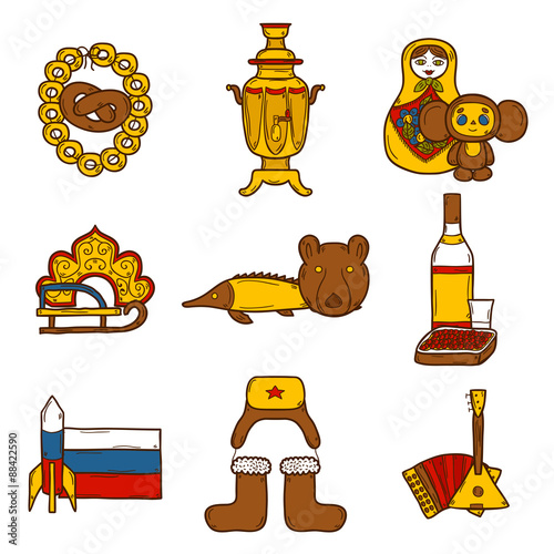 Set of hand drawn objects on Russia theme: balalaika, vodka
