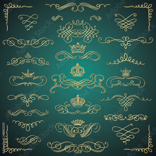 Vector Golden Vintage Hand Drawn Swirls and Crowns