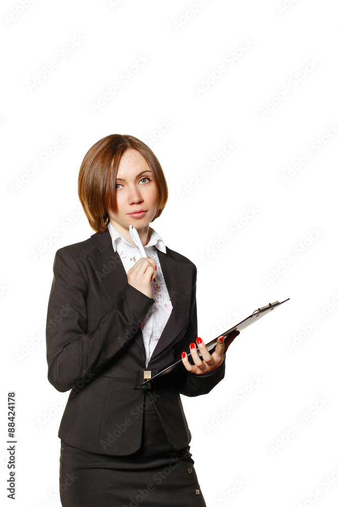 Business woman thinking while holding checklist.