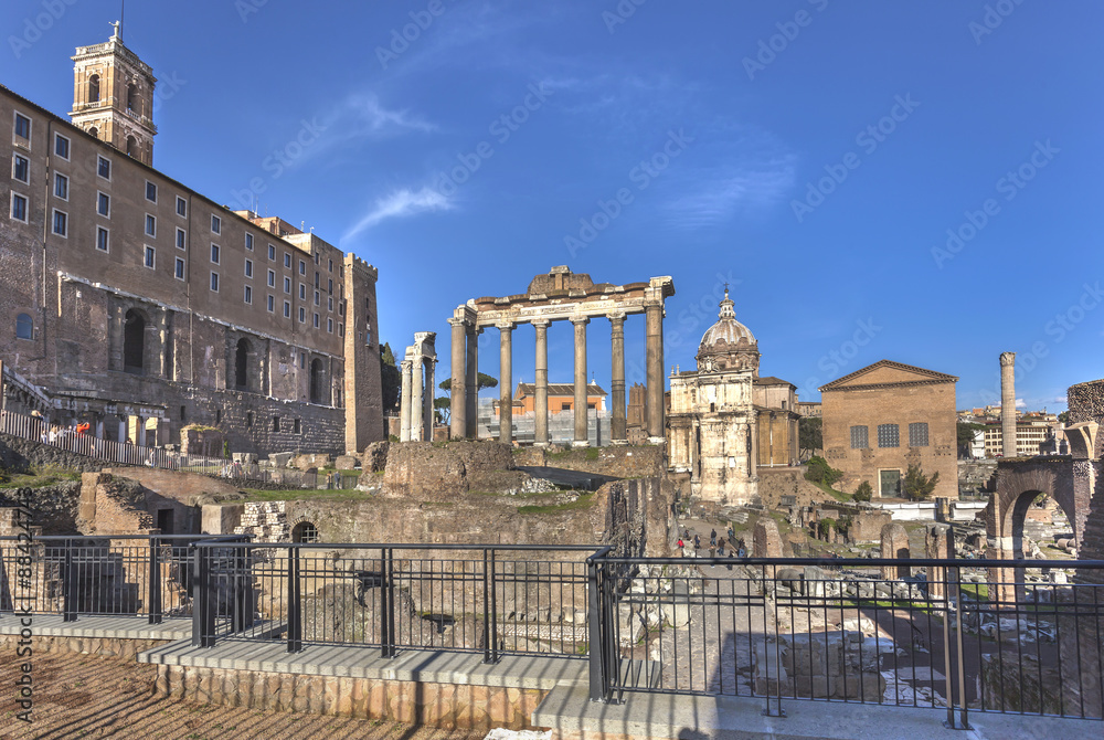 Ruins on roman forum with Capitol in background, Rome, Italy