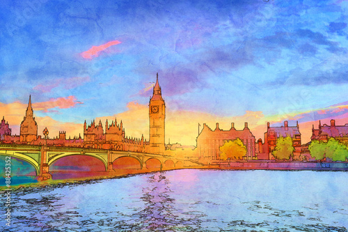 Cartoon style illustration of Big Ben and Westminster Bridge, London, the UK #88425352