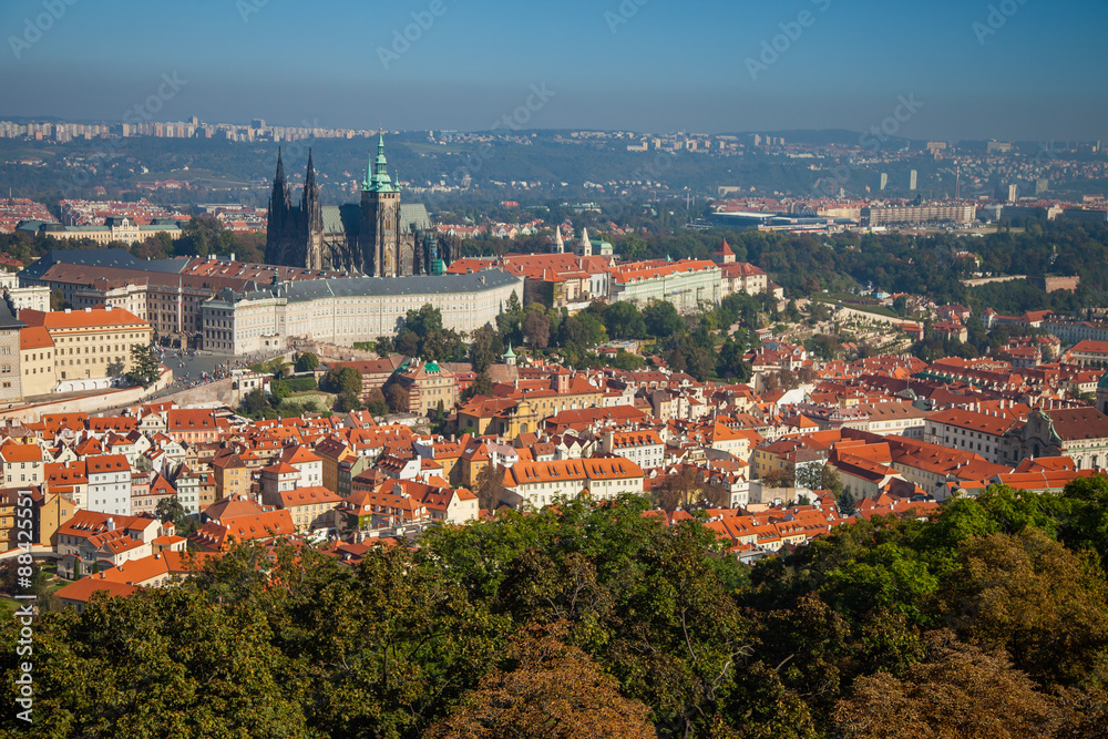 Prague, City And Castle Aerial View On A Sunny Day
