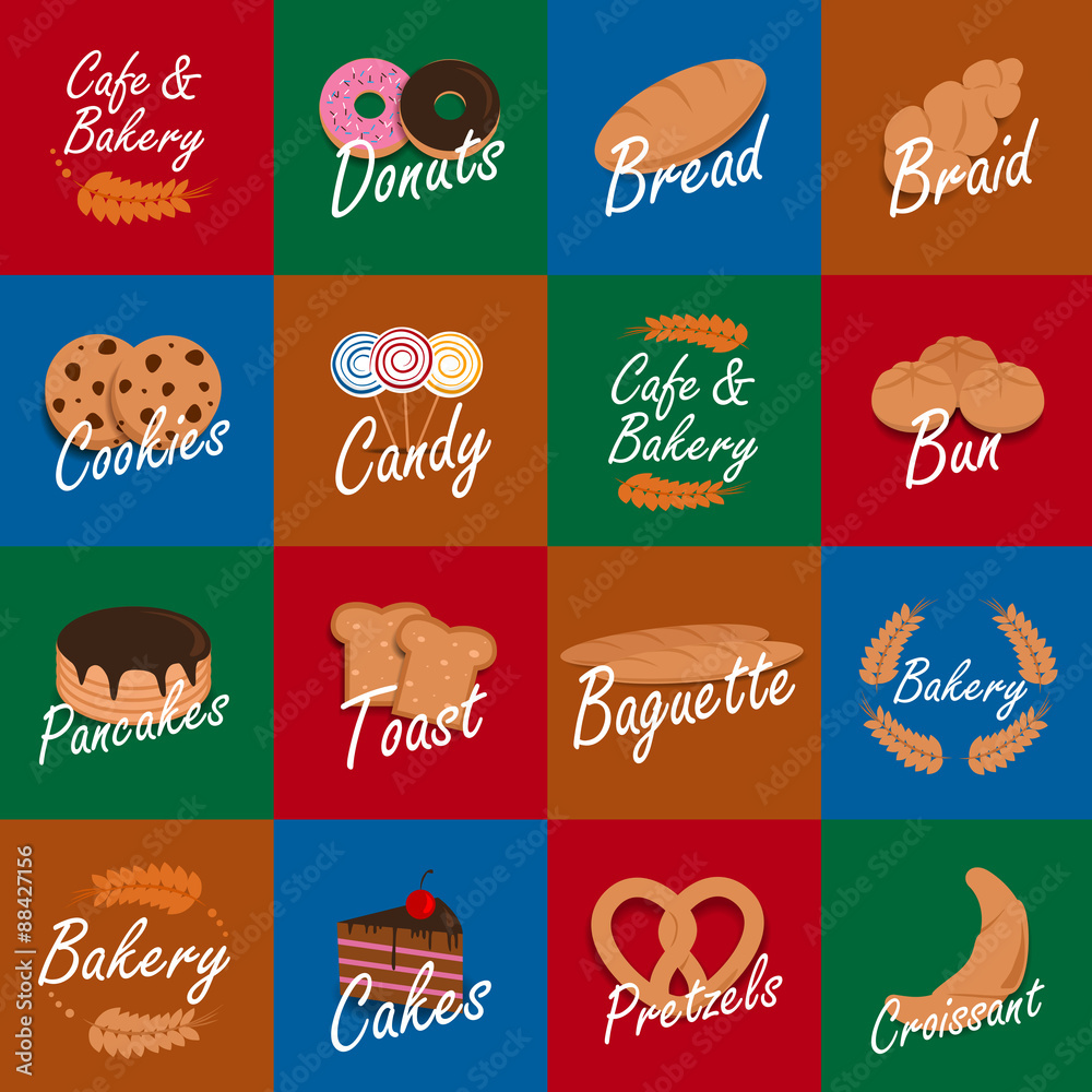 Bakery Icons Set - Isolated On Mosaic Background - Vector Illustration, Graphic Design, Editable For Your Design
