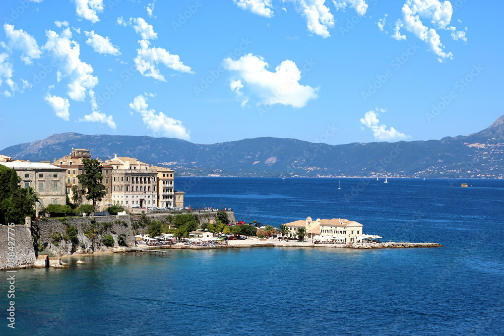 Panorama of the old town. Old town and sea view. Mountain view. Ionian sea