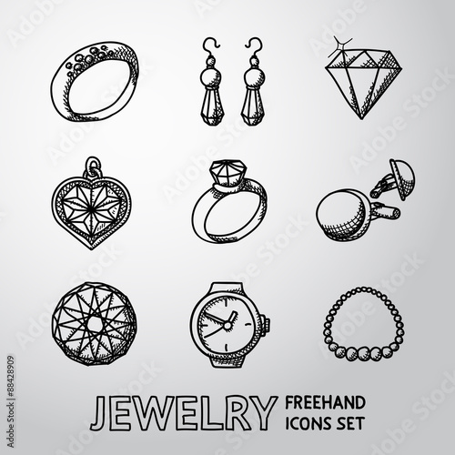 Jewelry monochrome freehand icons set with - rings, diamonds