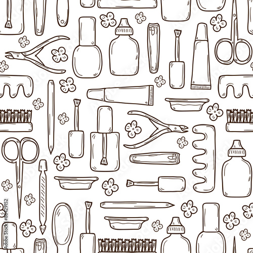 Seamless background with cute hand drawn objects on manicure