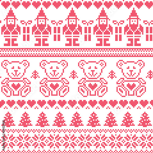 Scandinavian inspired Nordic xmas seamless pattern with elf, stars, teddy bears, snow, xmas  trees, snowflakes, stars, snow, decorative ornaments  in red cross stitch
