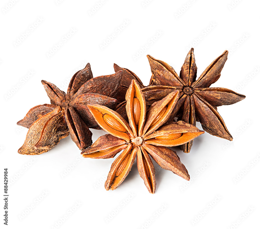 Star anise spice fruits and seeds isolated on white background Star anise spice fruits and seeds isolated on white background
