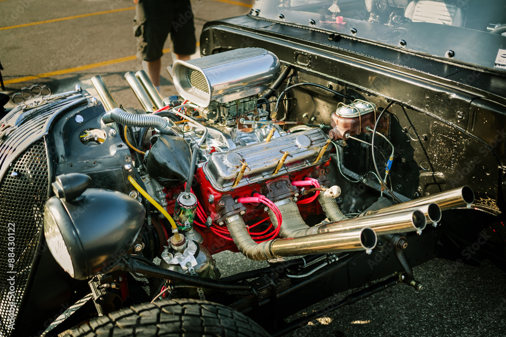 Amazing  gorgeous detailed side closeup view of retro classic vintage hot rod  car engine