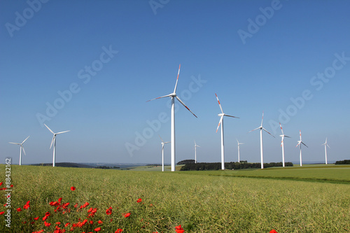 Windmill generator in wide yard / Yard of windmill power generatorunder blue sky, shown as energy industry concept. photo
