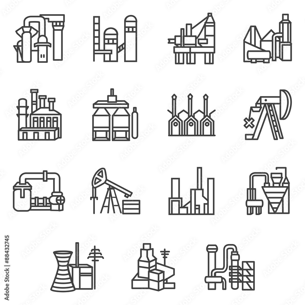 Industrial objects line vector icons set