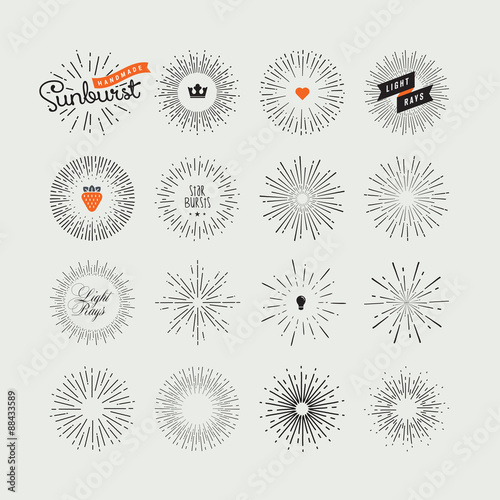Set of handmade sunburst design elements. Vintage style elements and icons for graphic and website design.