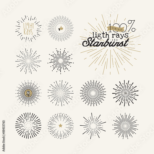 Hand drawn light rays and starburst design elements. Collection of sunburst vintage style elements and icons for label and stickers.