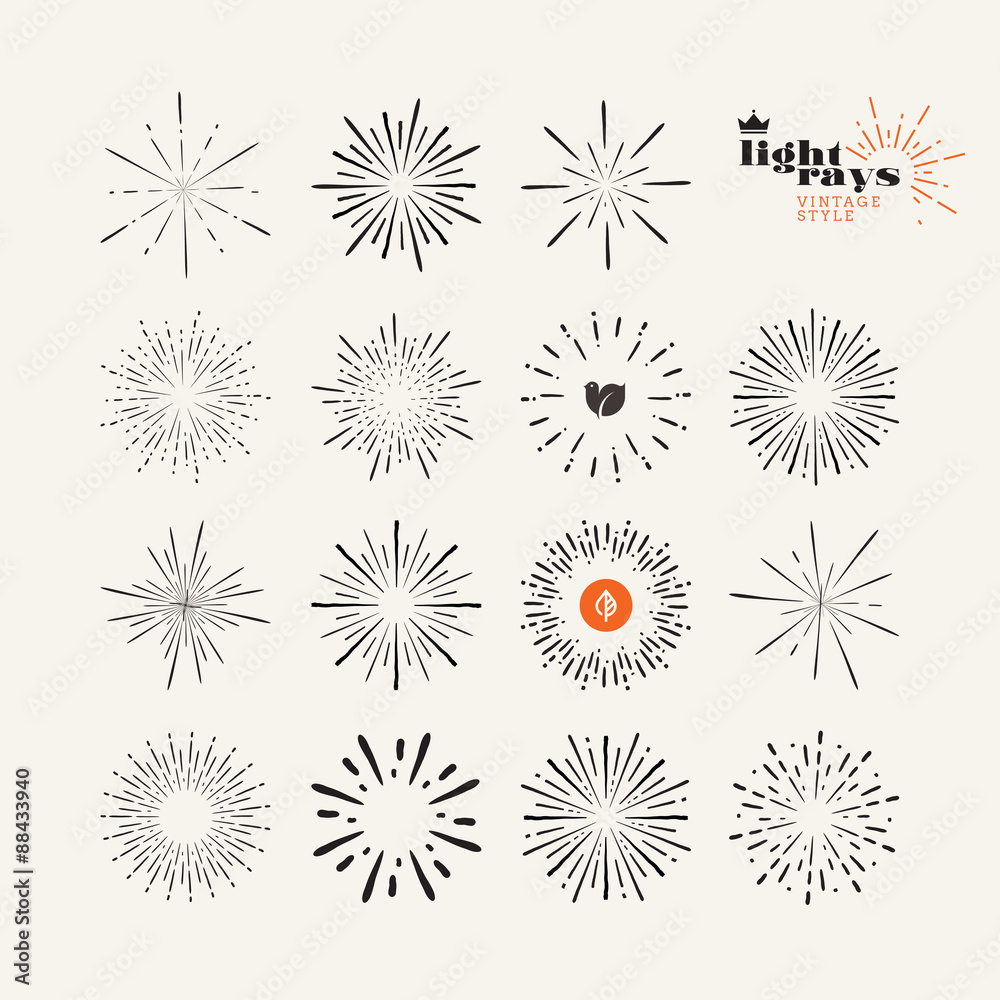 Set of light rays vintage style elements, Vector illustration, hand drawn, sunburst elements and icons for trendy badges and labels.
