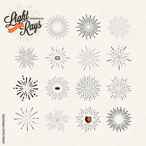 Collection of sunburst handmade vintage design elements. Vector light rays elements and icons for badges,and labels, for graphic and web design. 