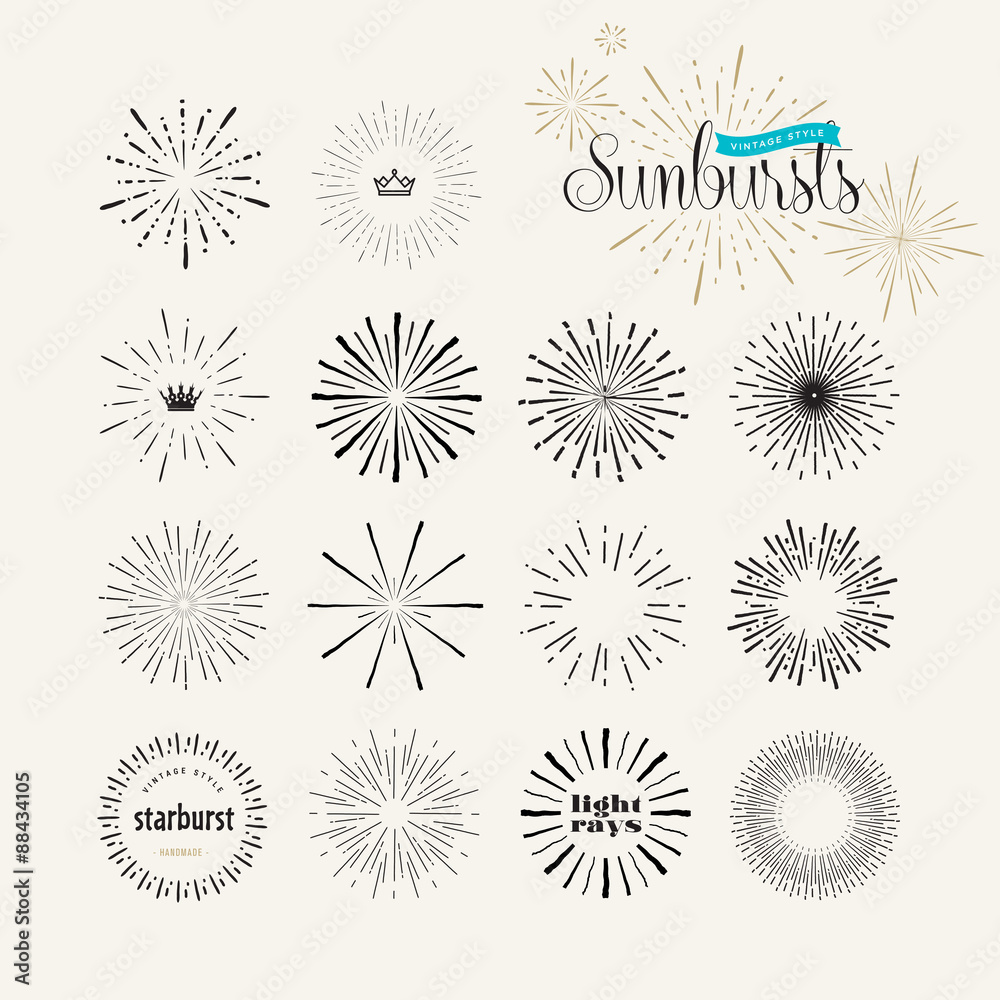 Set of vintage style sunburst elements for graphic and web design. Starburst/light rays handmade vector elements.    