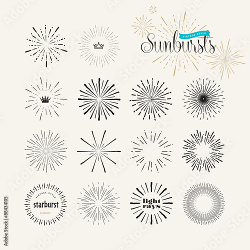 Set of vintage style sunburst elements for graphic and web design. Starburst/light rays handmade vector elements.    