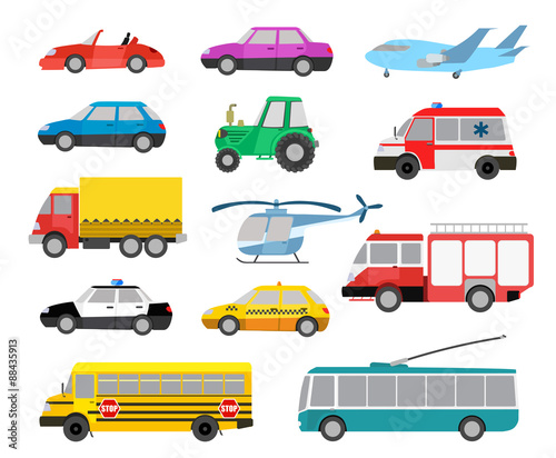 set of cartoon cute cars and other vehicles. vector illustration