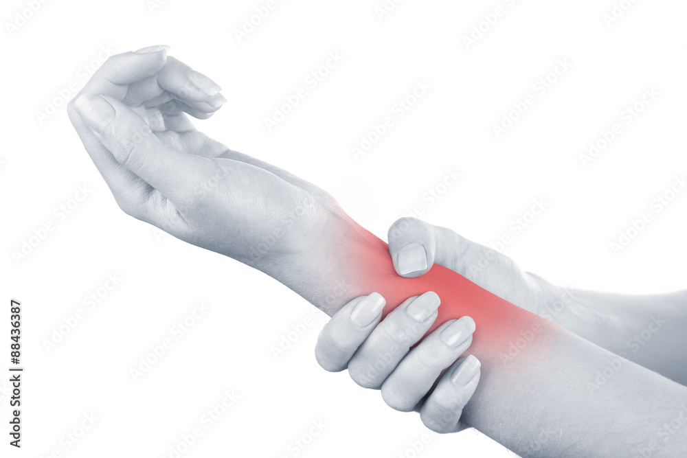 Young woman with hand pain isolated on white