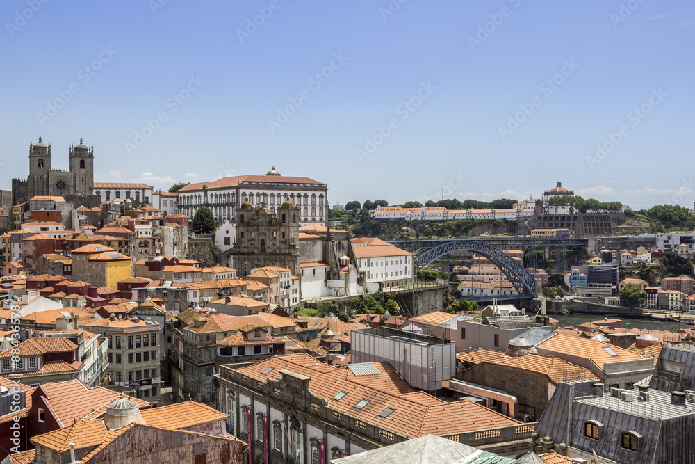 View of old downtown, city Castle and famous Dom Luiz Bridge