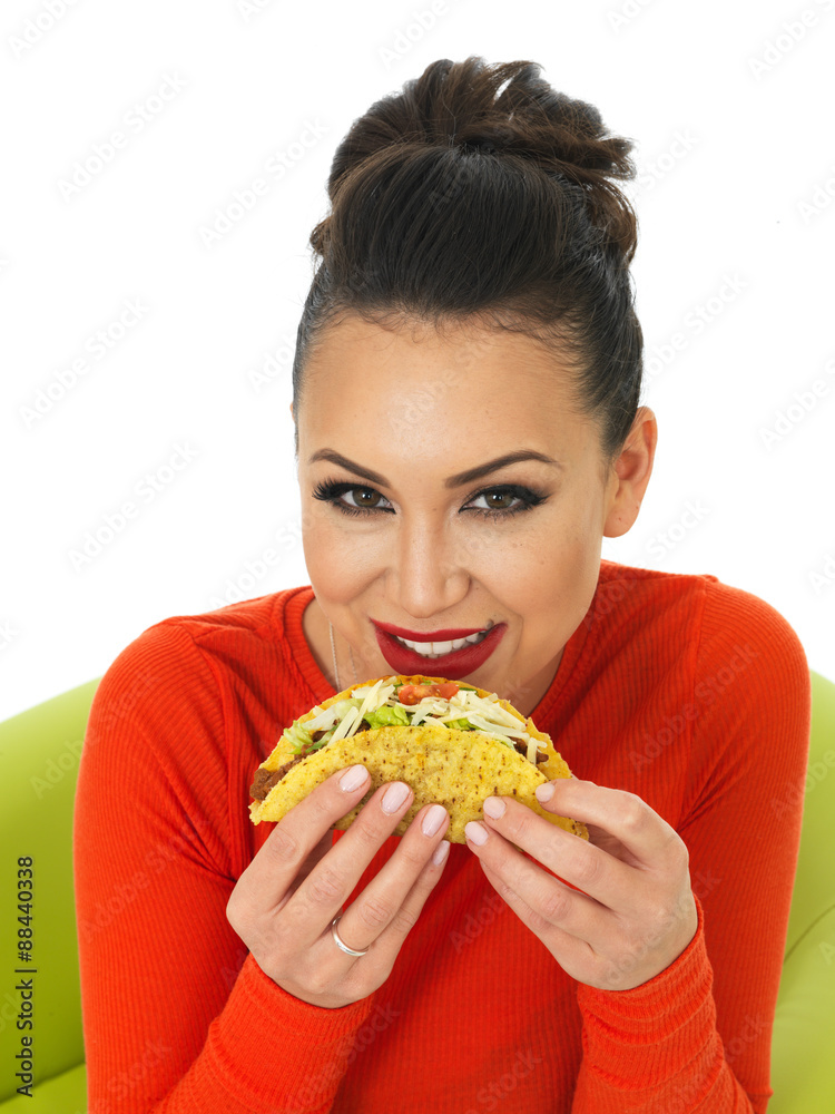 Beautiful Young Hispanic Woman With Crispy Chilli Beef Tacos Beautiful Young Hispanic Woman With Crispy Chilli Beef Tacos