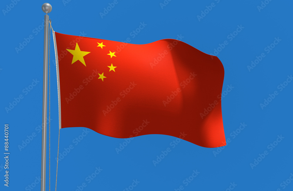China national flag flying against a blue sky rendered in 3D