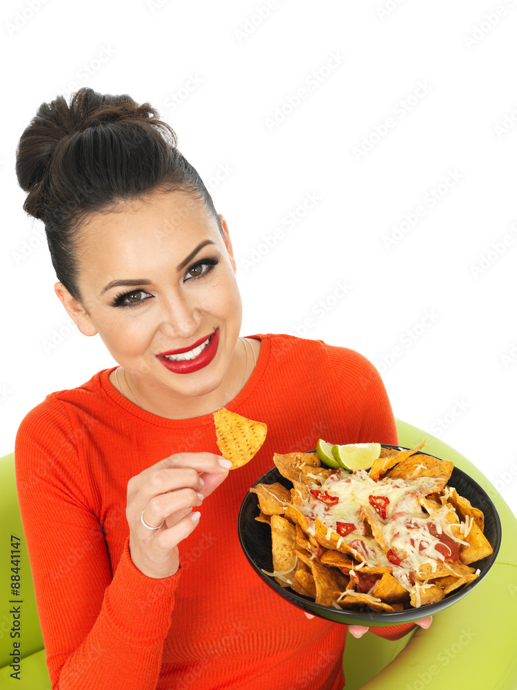 Beautiful Young Hispanic Woman With a Plate of Cheesy Nachos Beautiful Young Hispanic Woman With a Plate of Cheesy Nachos