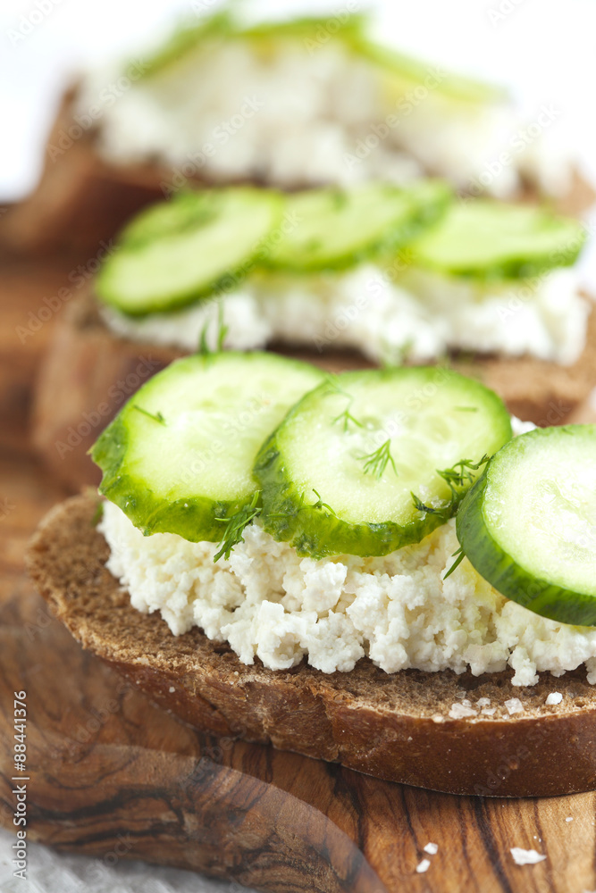 Sandwich with fresh cream cheese, cucumber and pink salt Sandwich with fresh cream cheese, cucumber and pink salt